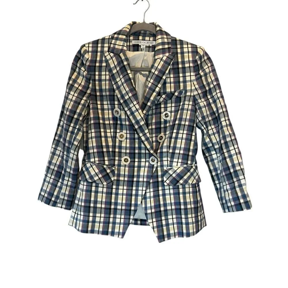 VERONICA BEARD Empire Dickey Jacket blue multi-plaid linen blend Size 0